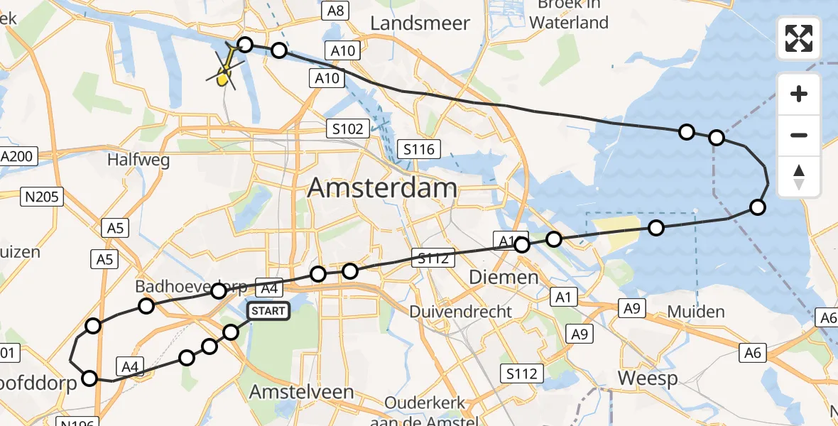 Routekaart van de vlucht: Lifeliner 1 naar Amsterdam Heliport