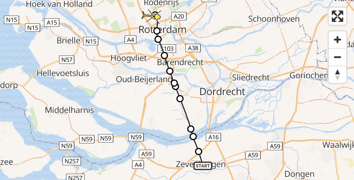 Routekaart van de vlucht: Lifeliner 3 naar Rotterdam The Hague Airport