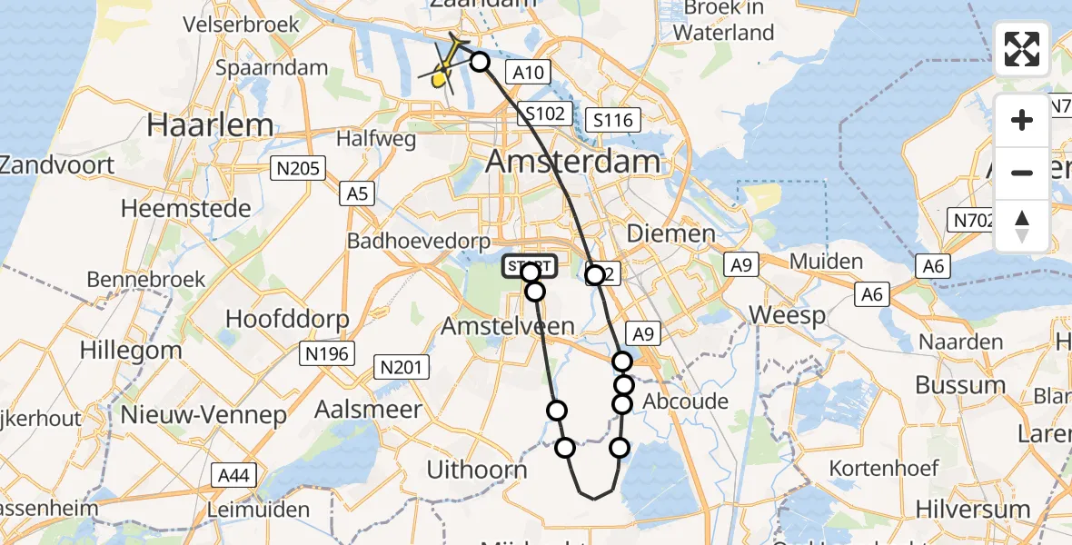 Routekaart van de vlucht: Lifeliner 1 naar Amsterdam Heliport