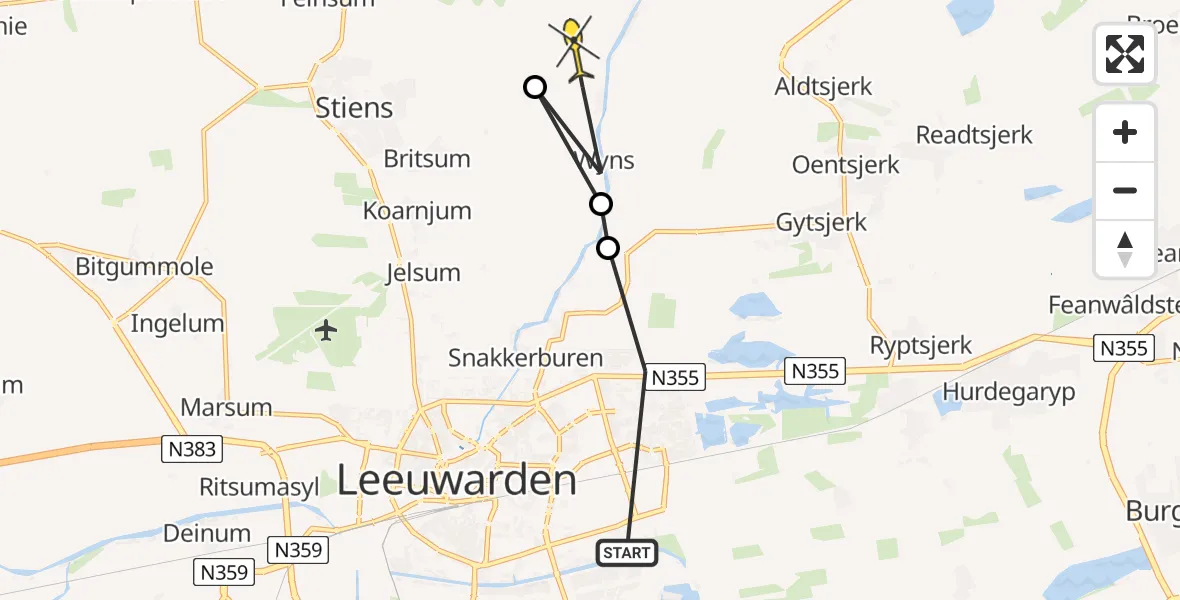 Routekaart van de vlucht: Ambulancehelikopter naar Stiens