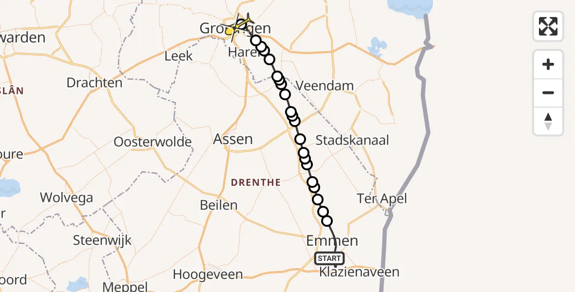 Routekaart van de vlucht: Lifeliner 4 naar Universitair Medisch Centrum Groningen