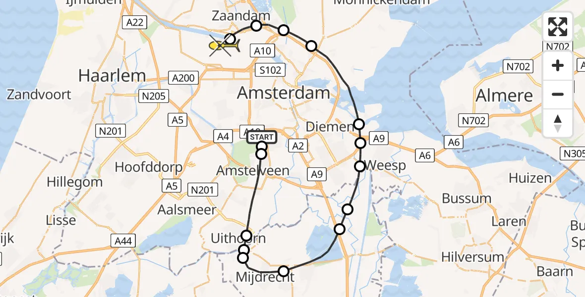 Routekaart van de vlucht: Lifeliner 1 naar Amsterdam Heliport