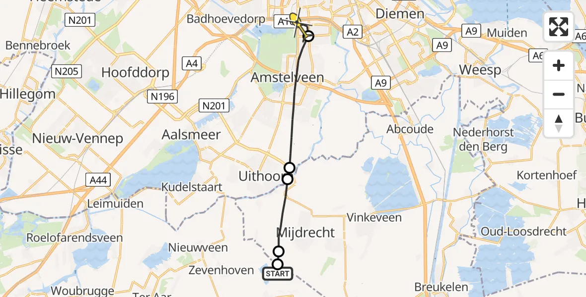 Routekaart van de vlucht: Lifeliner 1 naar VU Medisch Centrum Amsterdam