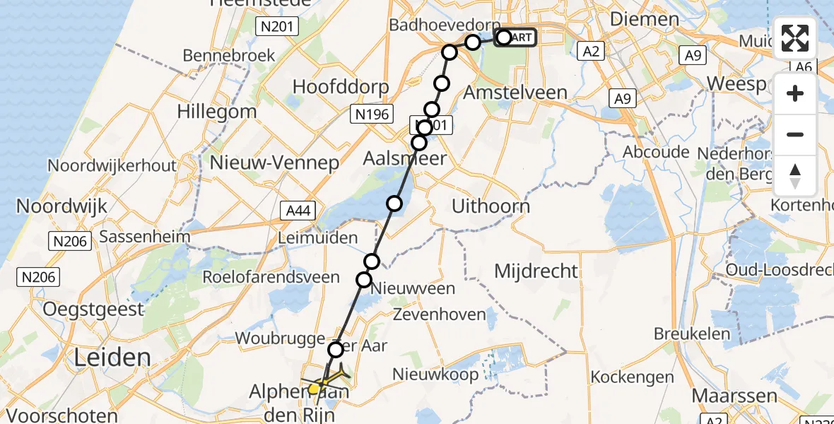 Routekaart van de vlucht: Lifeliner 1 naar Alphen aan den Rijn