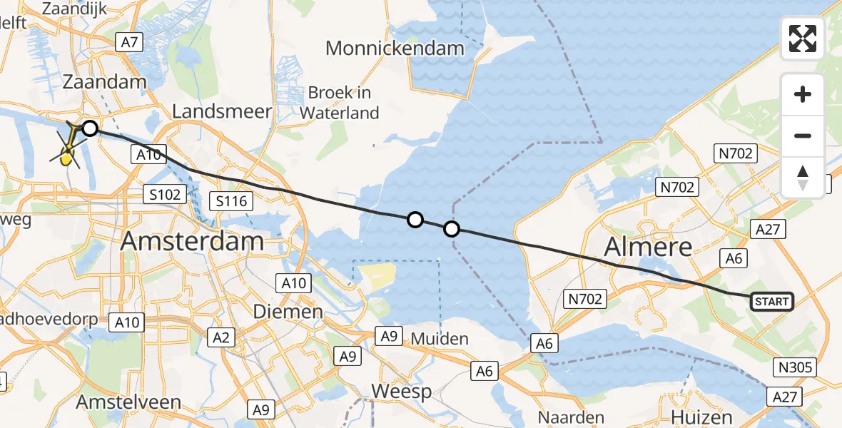 Routekaart van de vlucht: Lifeliner 1 naar Amsterdam Heliport