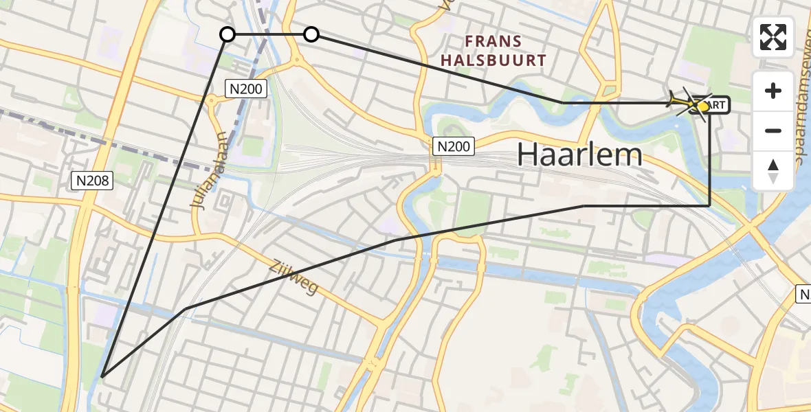 Routekaart van de vlucht: Politieheli naar Haarlem