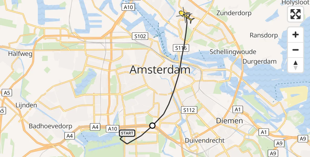 Routekaart van de vlucht: Lifeliner 1 naar Amsterdam