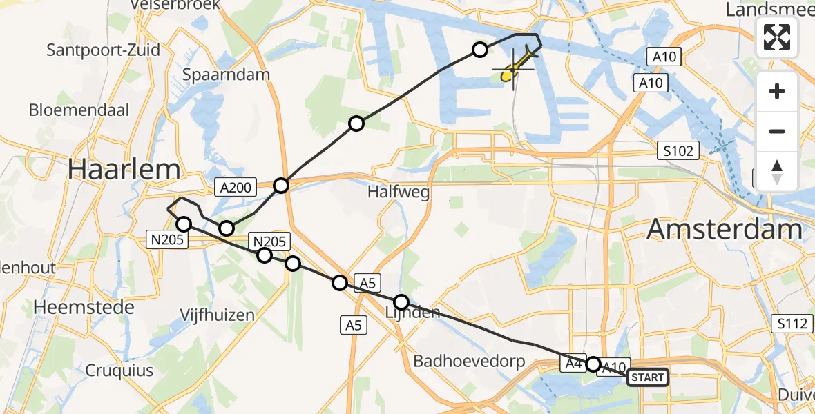 Routekaart van de vlucht: Lifeliner 1 naar Amsterdam Heliport