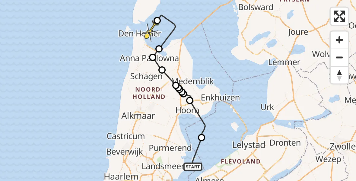 Routekaart van de vlucht: Politieheli naar Den Helder