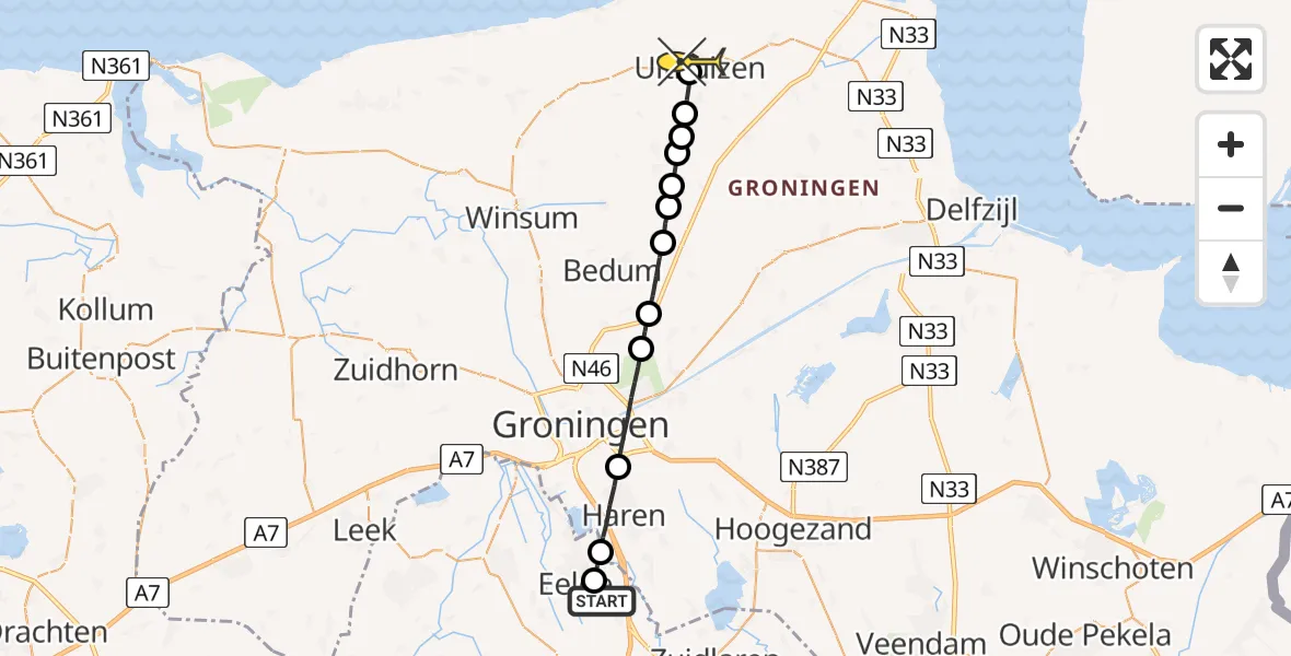 Routekaart van de vlucht: Traumaheli naar Uithuizen