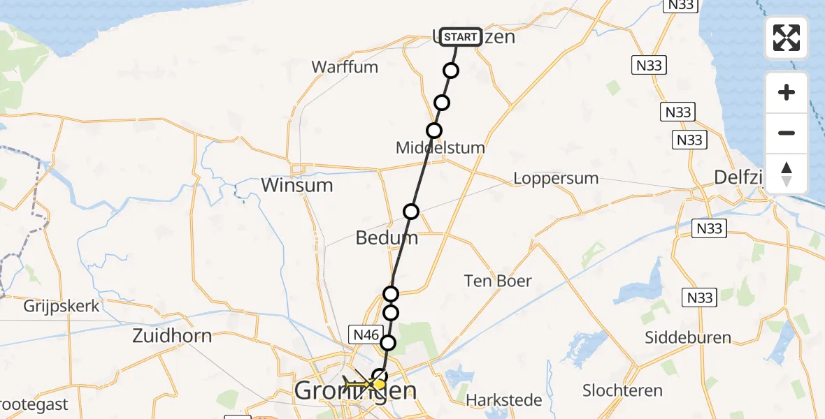 Routekaart van de vlucht: Traumahelikopter naar Universitair Medisch Centrum Groningen
