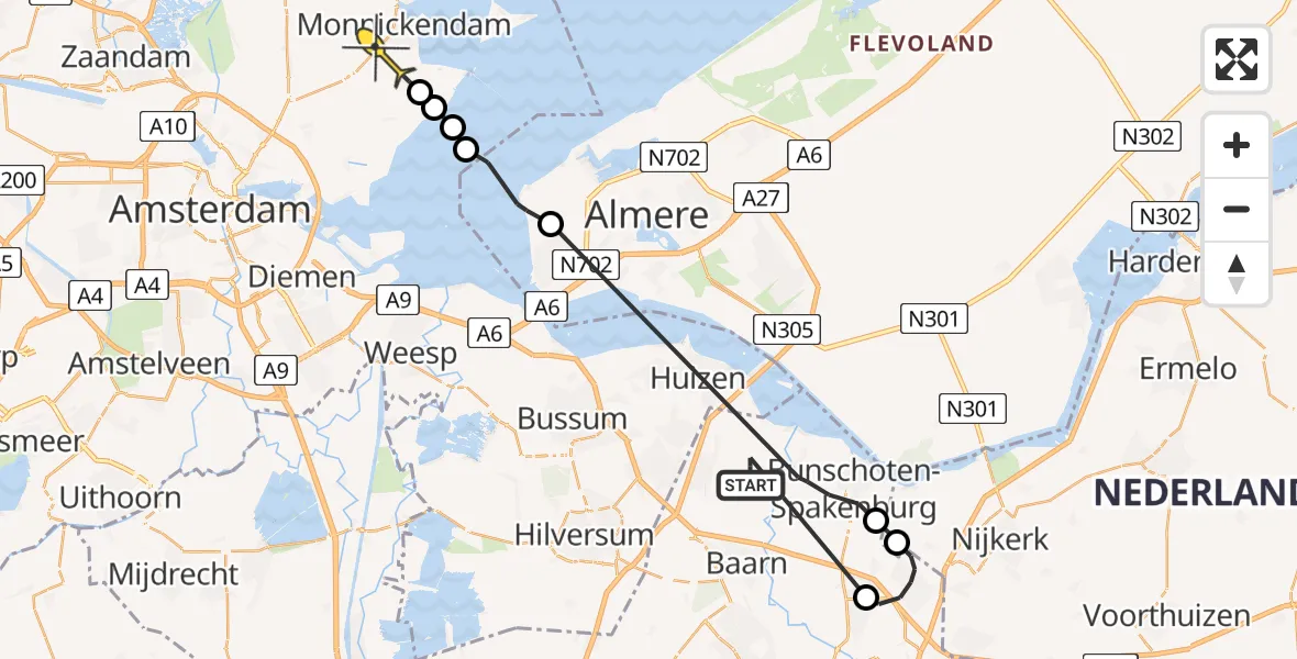 Routekaart van de vlucht: Politiehelikopter naar Broek in Waterland