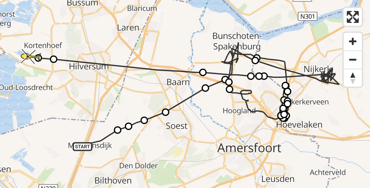 Routekaart van de vlucht: Politieheli naar Kortenhoef