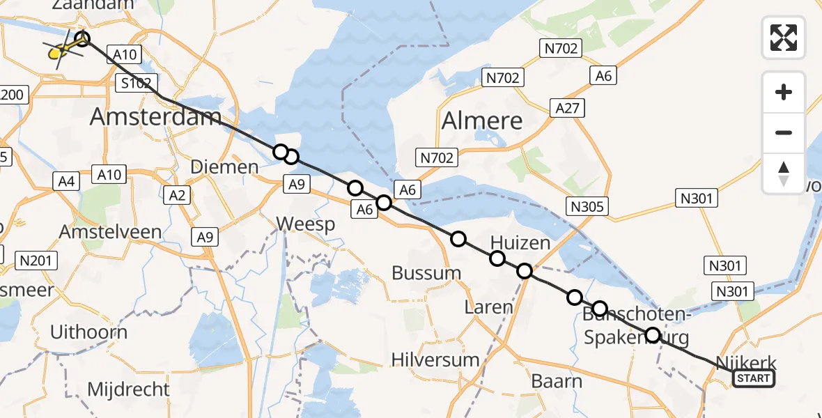 Routekaart van de vlucht: Lifeliner 1 naar Amsterdam Heliport