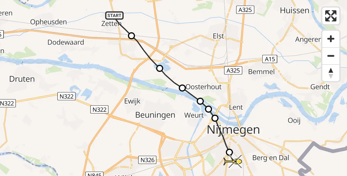 Routekaart van de vlucht: Lifeliner 3 naar Radboud Universitair Medisch Centrum