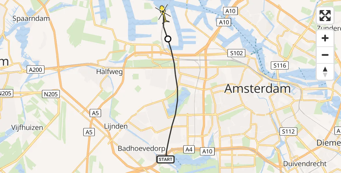 Routekaart van de vlucht: Lifeliner 1 naar Amsterdam Heliport