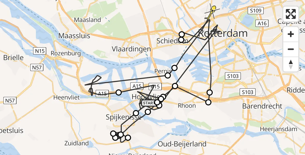 Routekaart van de vlucht: Politieheli naar Rotterdam