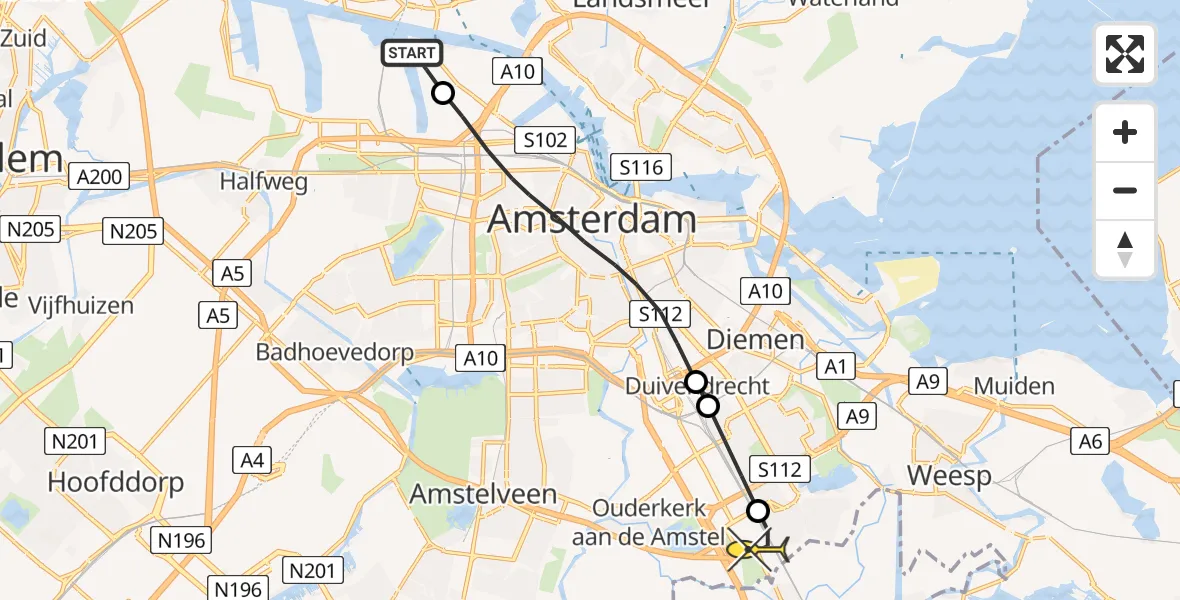 Routekaart van de vlucht: Lifeliner 1 naar Academisch Medisch Centrum (AMC)