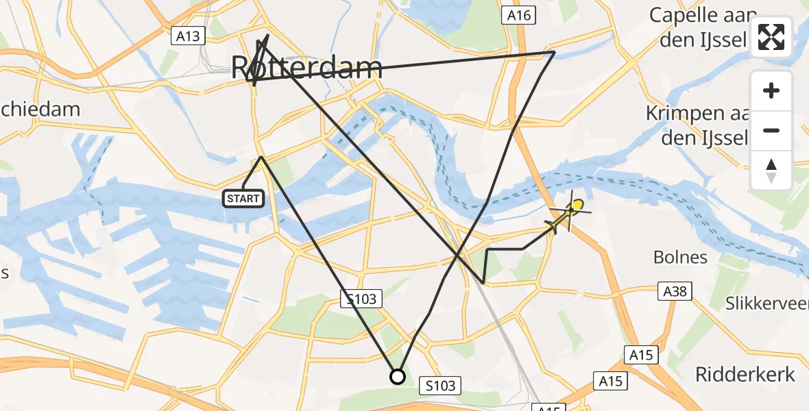 Routekaart van de vlucht: Politieheli naar Rotterdam