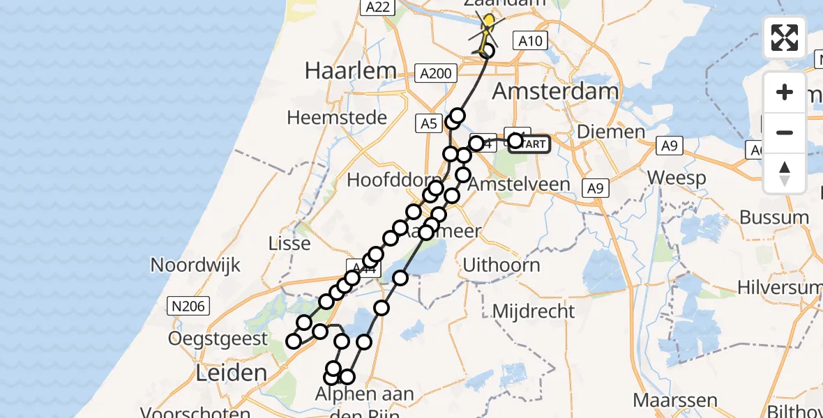 Routekaart van de vlucht: Lifeliner 1 naar Amsterdam Heliport