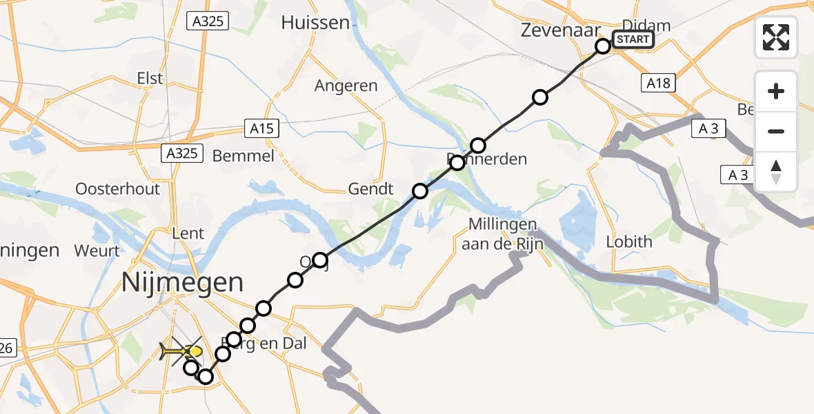 Routekaart van de vlucht: Lifeliner 3 naar Radboud Universitair Medisch Centrum