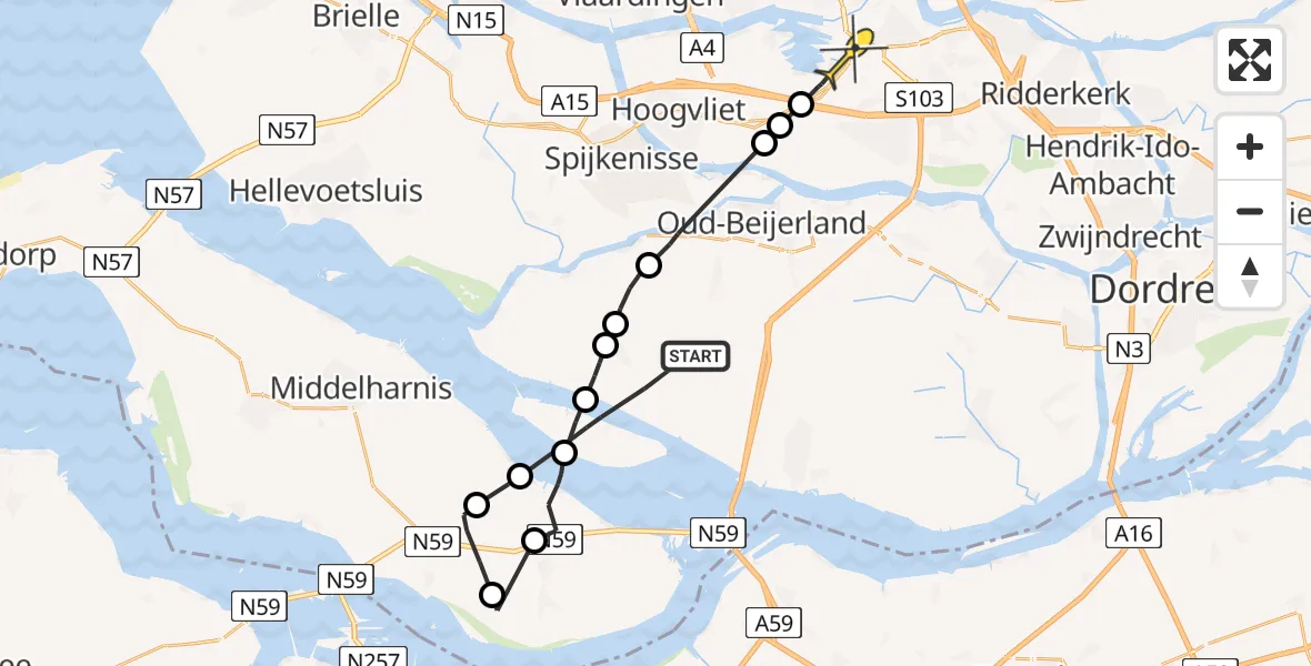 Routekaart van de vlucht: Politiehelikopter naar Rotterdam