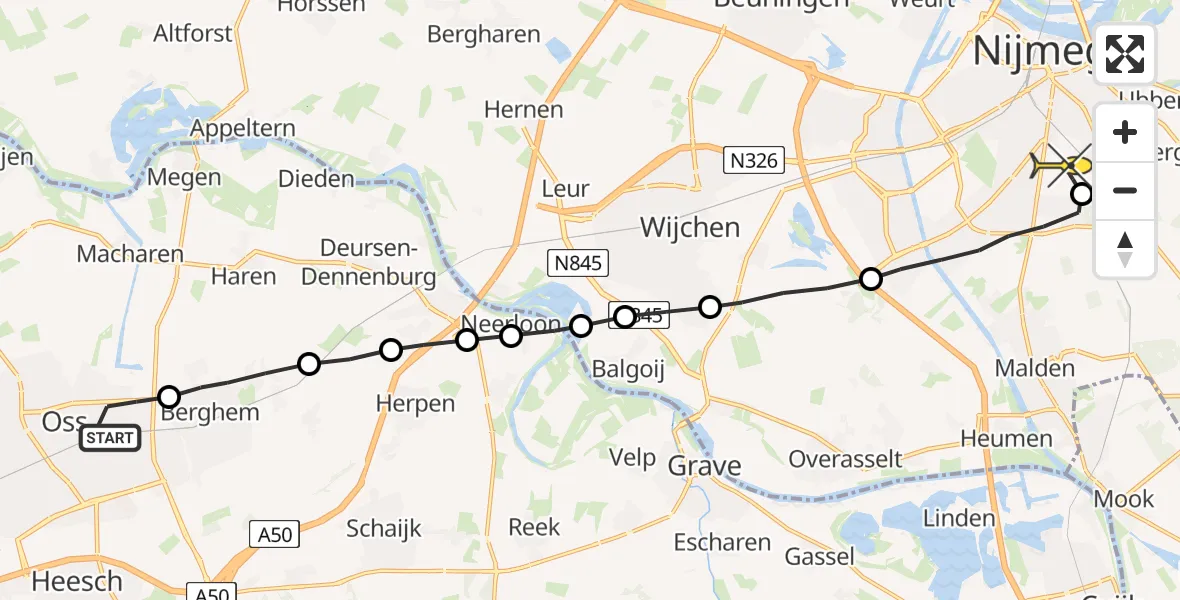 Routekaart van de vlucht: Lifeliner 3 naar Radboud Universitair Medisch Centrum