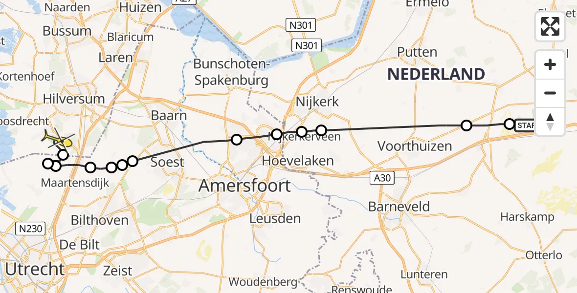 Routekaart van de vlucht: Politieheli naar Vliegveld Hilversum