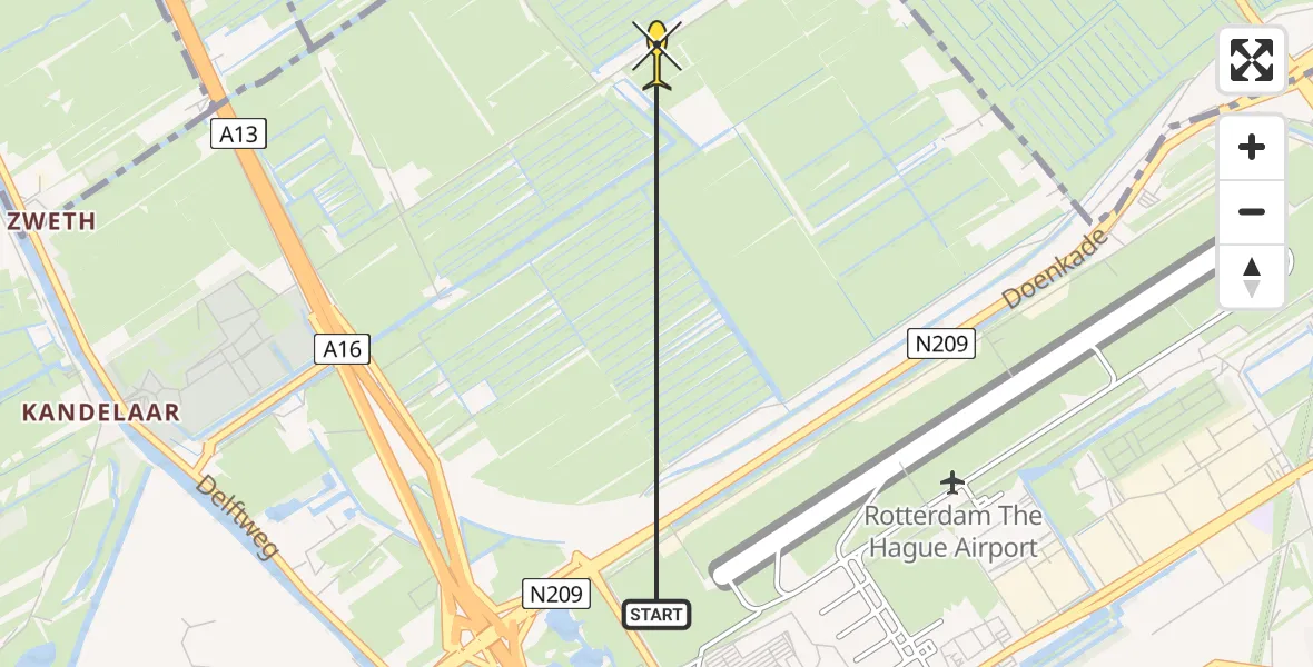 Vluchtroute Politiehelikopter van Rotterdam The Hague Airport naar Rotterdam