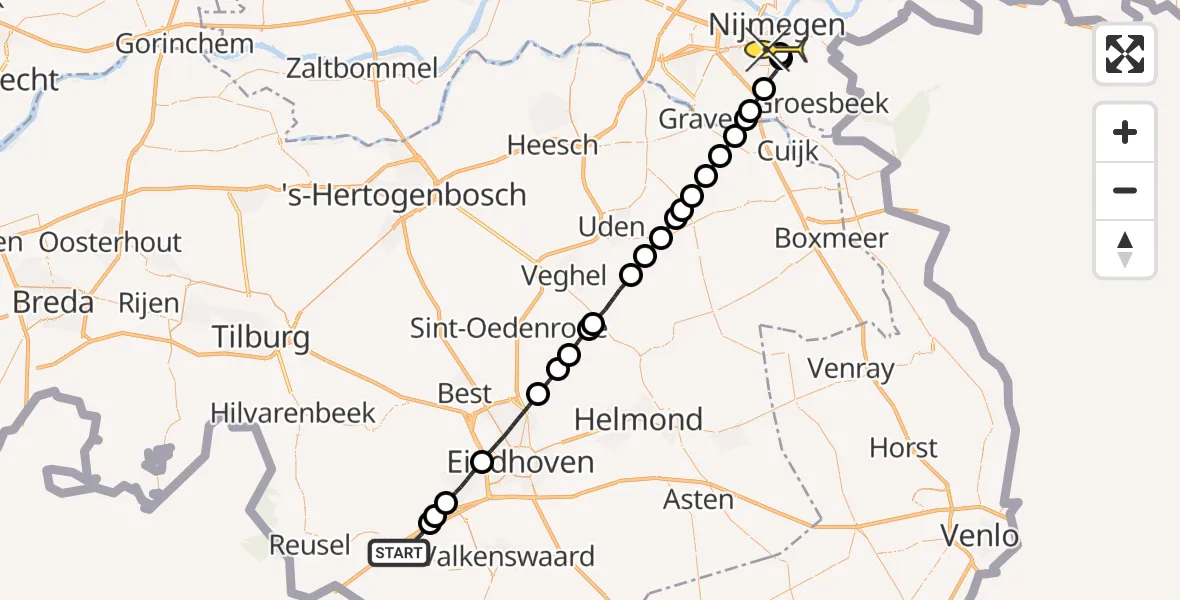 Routekaart van de vlucht: Lifeliner 3 naar Radboud Universitair Medisch Centrum