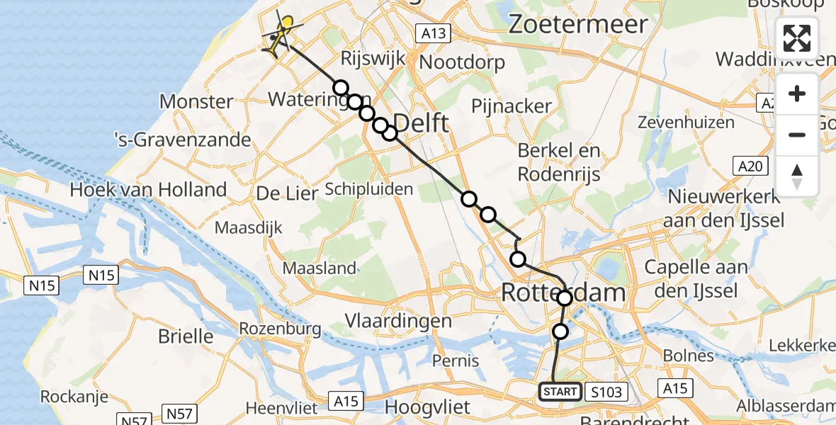 Routekaart van de vlucht: Lifeliner 2 naar Den Haag