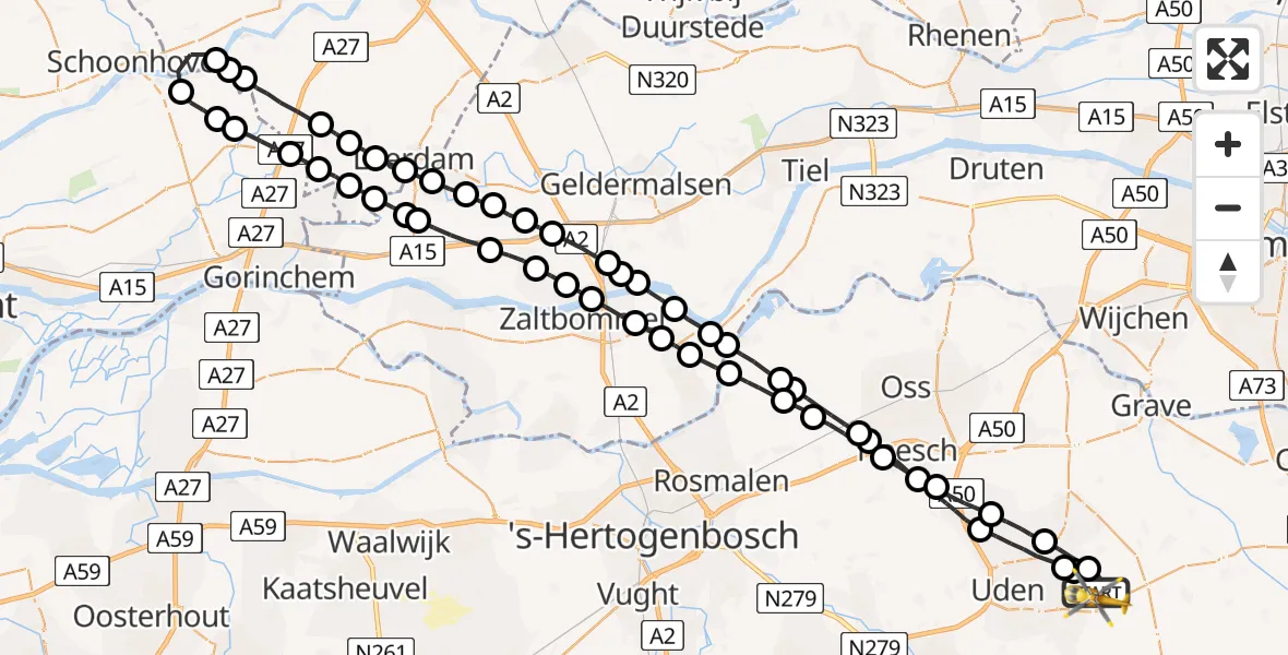 Vluchtroute Traumahelikopter Vliegbasis Volkel - Vliegbasis Volkel, 25 februari 2023, 21:50