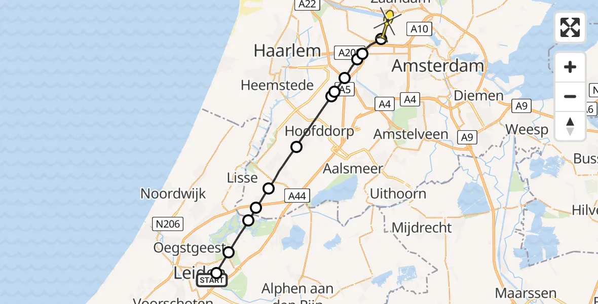 Routekaart van de vlucht: Lifeliner 1 naar Amsterdam Heliport