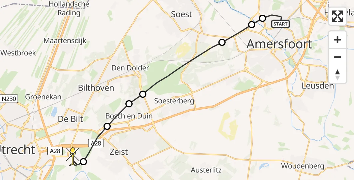 Routekaart van de vlucht: Lifeliner 2 naar Universitair Medisch Centrum Utrecht