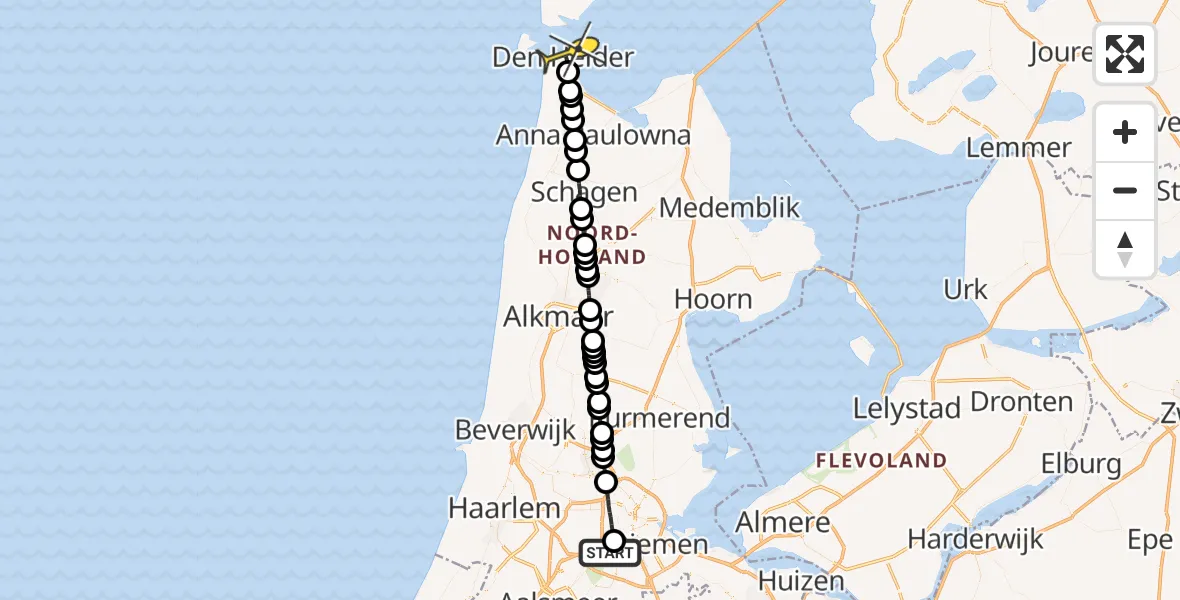 Routekaart van de vlucht: Lifeliner 1 naar Den Helder