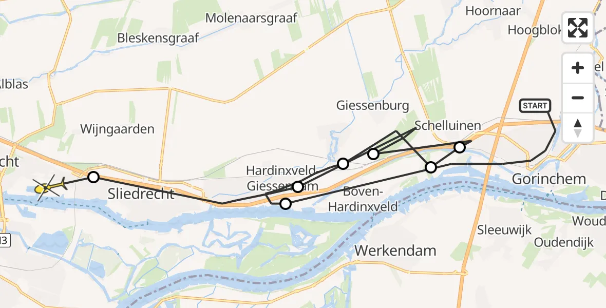 Routekaart van de vlucht: Politiehelikopter naar Papendrecht