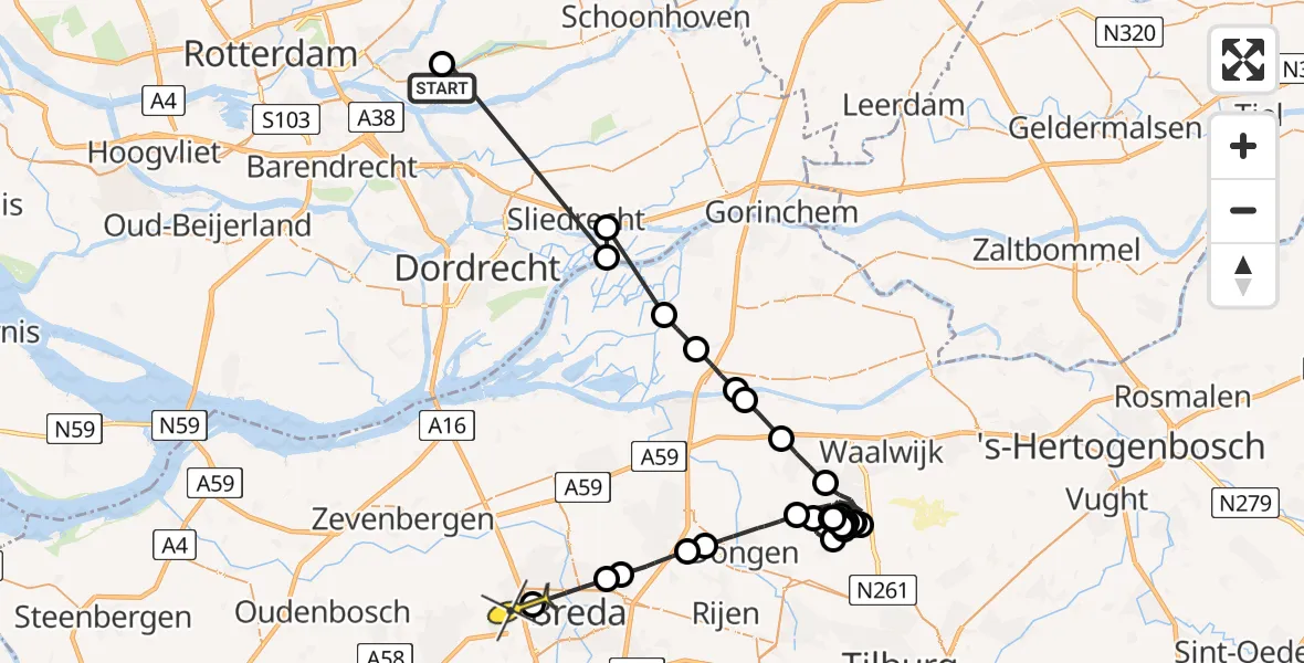 Routekaart van de vlucht: Politieheli naar Breda
