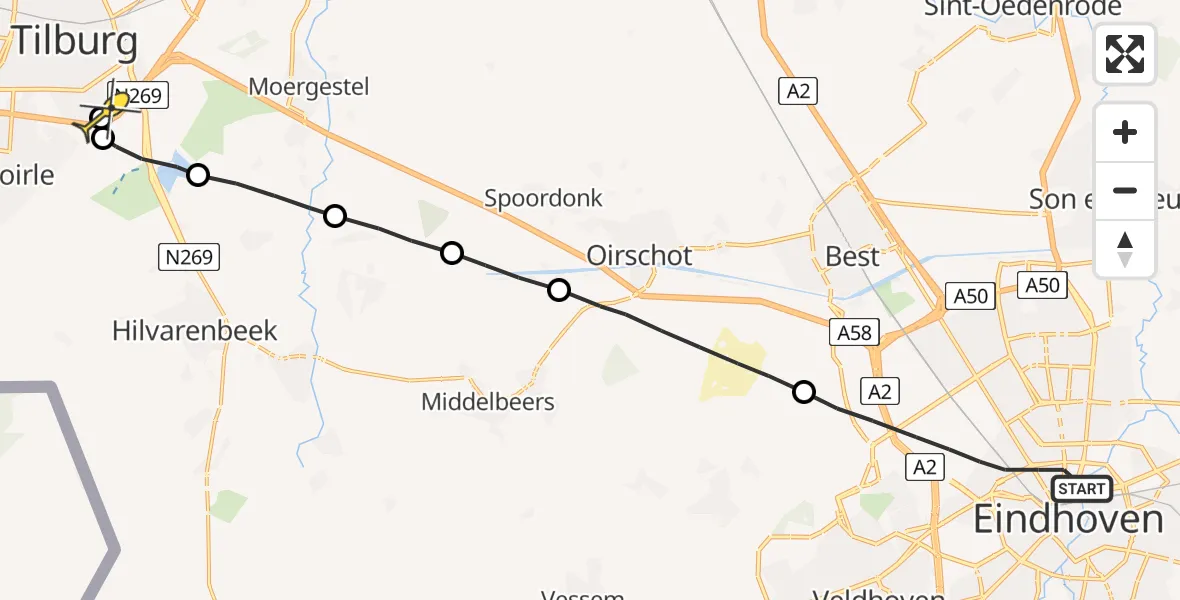 Routekaart van de vlucht: Lifeliner 3 naar Tilburg