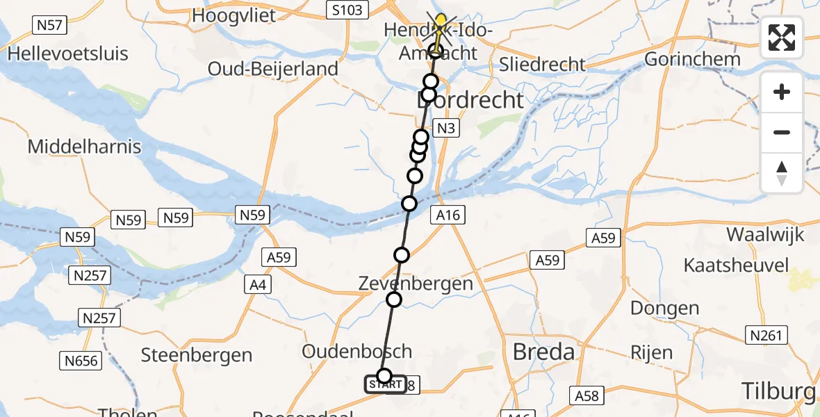 Routekaart van de vlucht: Politiehelikopter naar Hendrik-Ido-Ambacht