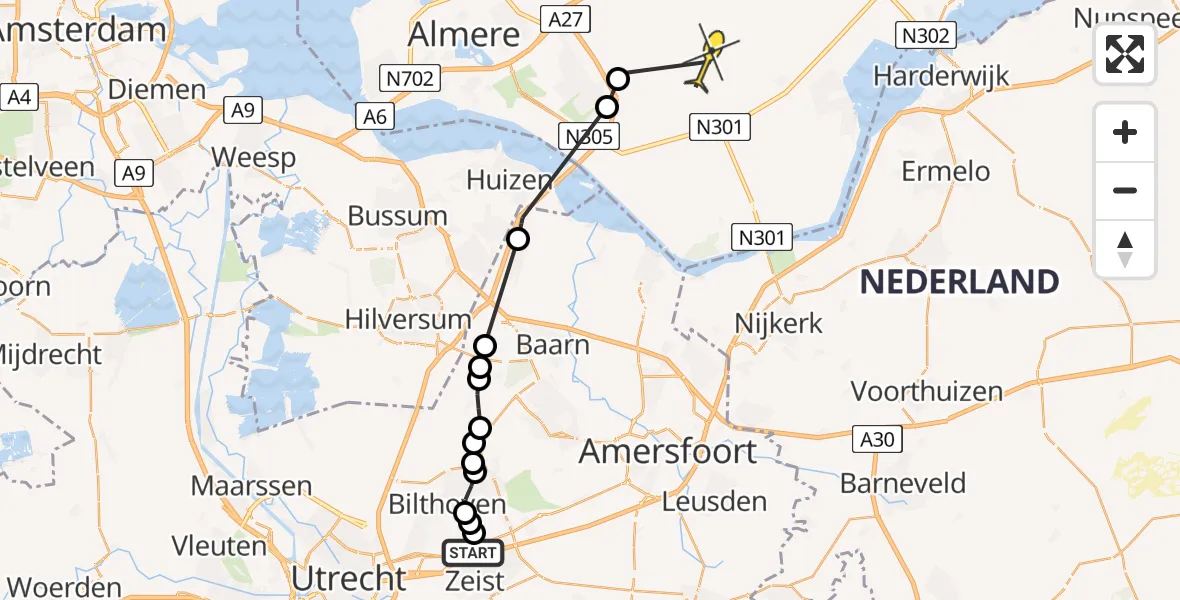 Routekaart van de vlucht: Politiehelikopter naar Zeewolde