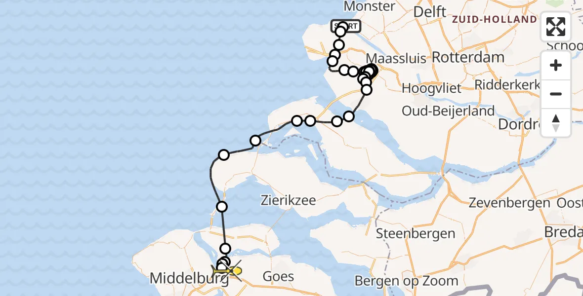 Routekaart van de vlucht: Politieheli naar Vliegveld Midden-Zeeland