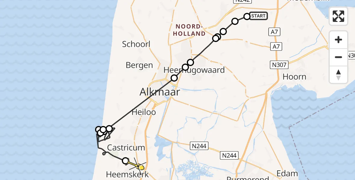 Routekaart van de vlucht: Politieheli naar Heemskerk