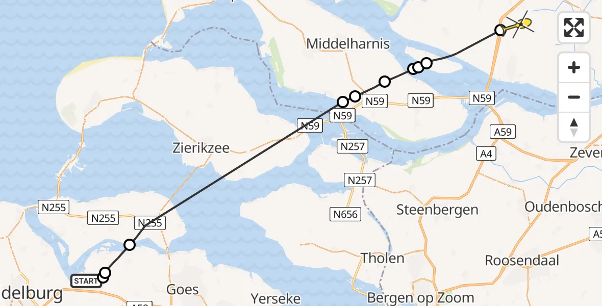 Routekaart van de vlucht: Politieheli naar Klaaswaal