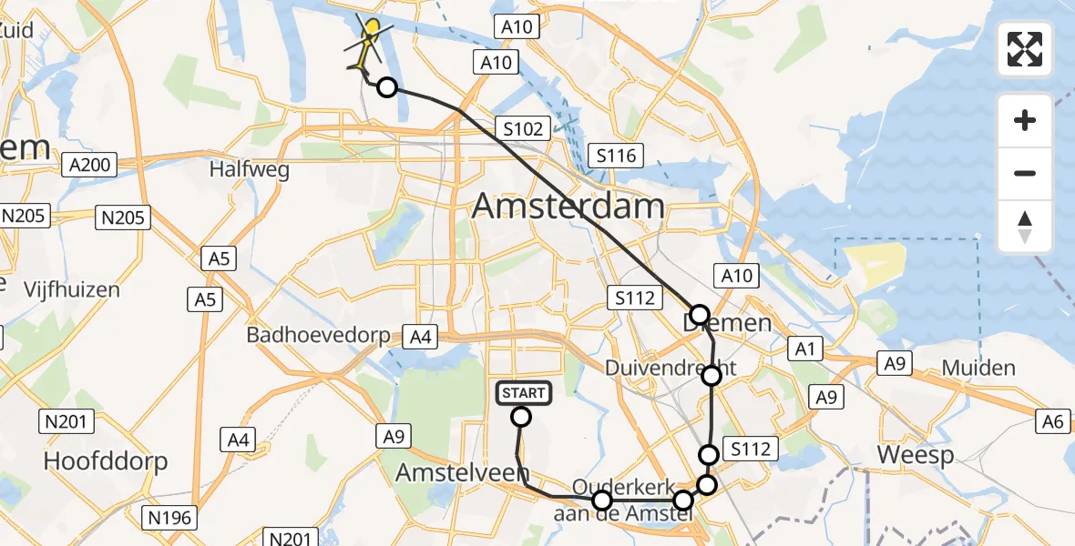 Routekaart van de vlucht: Lifeliner 1 naar Amsterdam Heliport