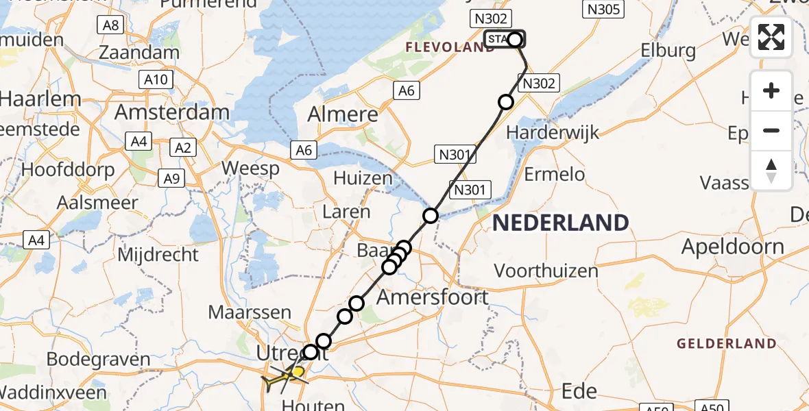 Routekaart van de vlucht: Traumahelikopter onderweg vanuit Lelystad Airport