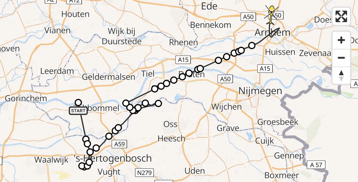 Routekaart van de vlucht: Politieheli naar Arnhem