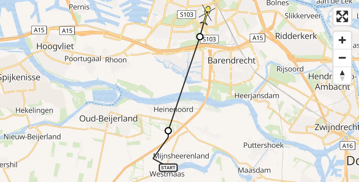 Routekaart van de vlucht: Politieheli naar Rotterdam