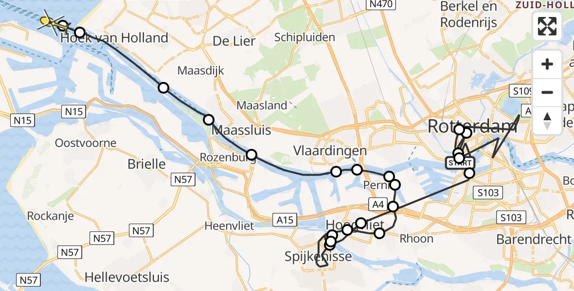 Routekaart van de vlucht: Politieheli naar Maasvlakte