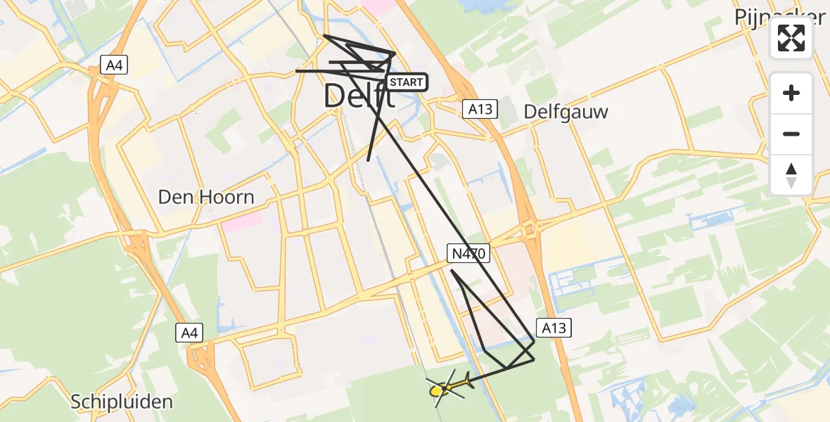 Routekaart van de vlucht: Politieheli naar Delft