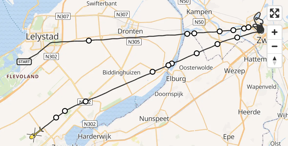 Routekaart van de vlucht: Politieheli naar Zeewolde